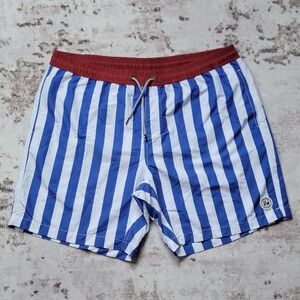 SURFCUZ Men's Swim Shorts XXL Blue White Vertical Stripe Red Waistband NWT New